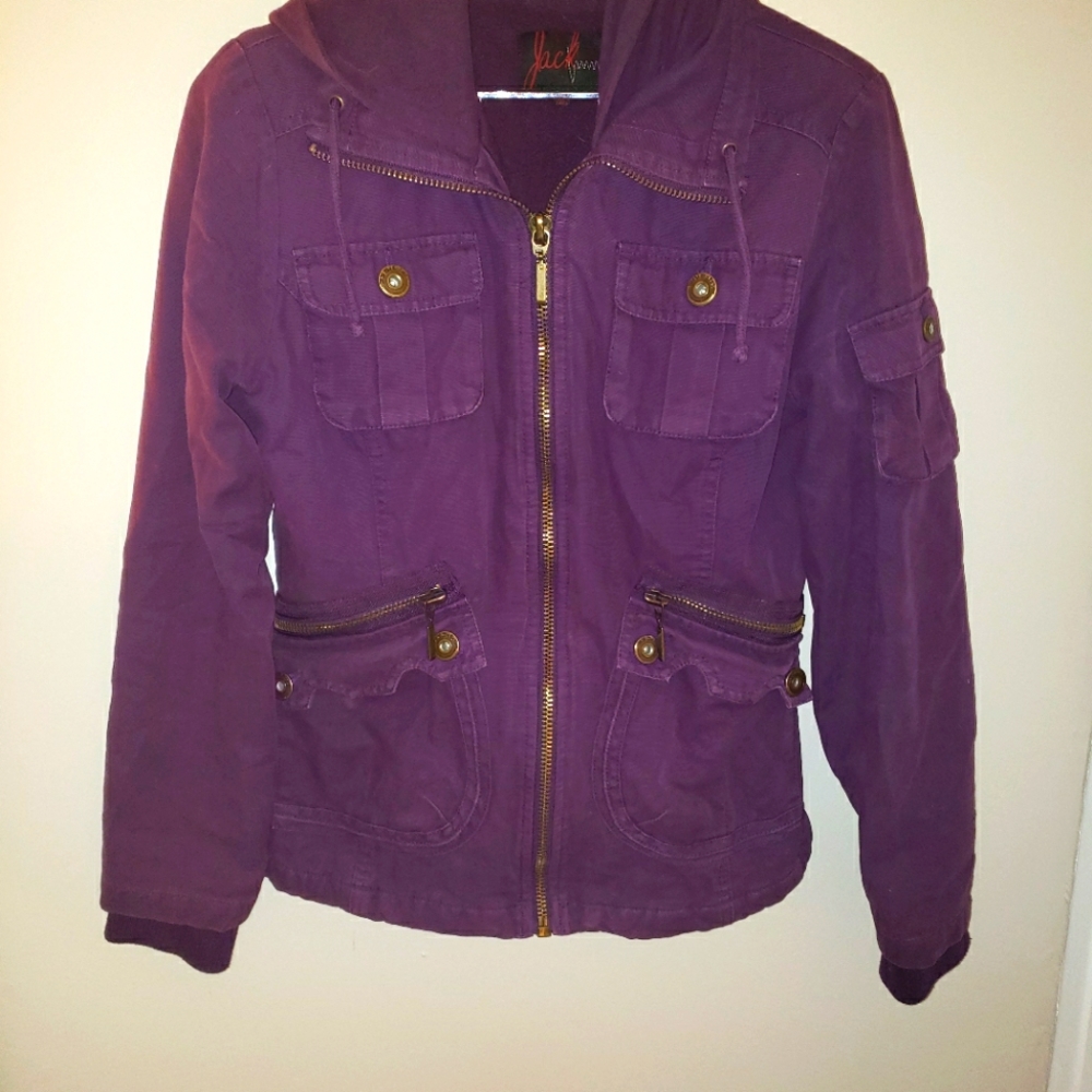 Purple Jean Jacket SIZE M Cargo Pockets, Sweatshirt Hood CASUAL